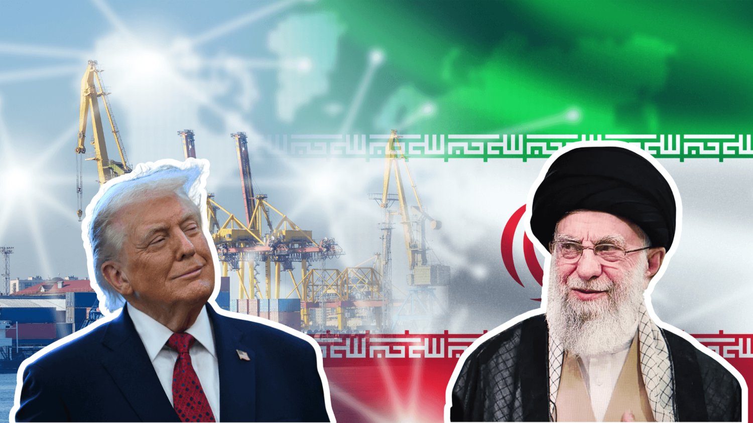 Flaga Iranu i tankowiec, Donald Trump, ajatollah Ali Chamenei. Konflikt USA z Iranem wpływa na grubość portfela Kowalskiego. Ulgę odczujemy dopiero za pewien czas.