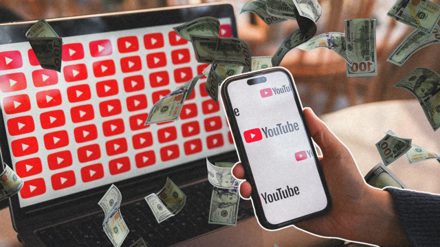 Logo YouTube na urządzeniach i pieniądze.