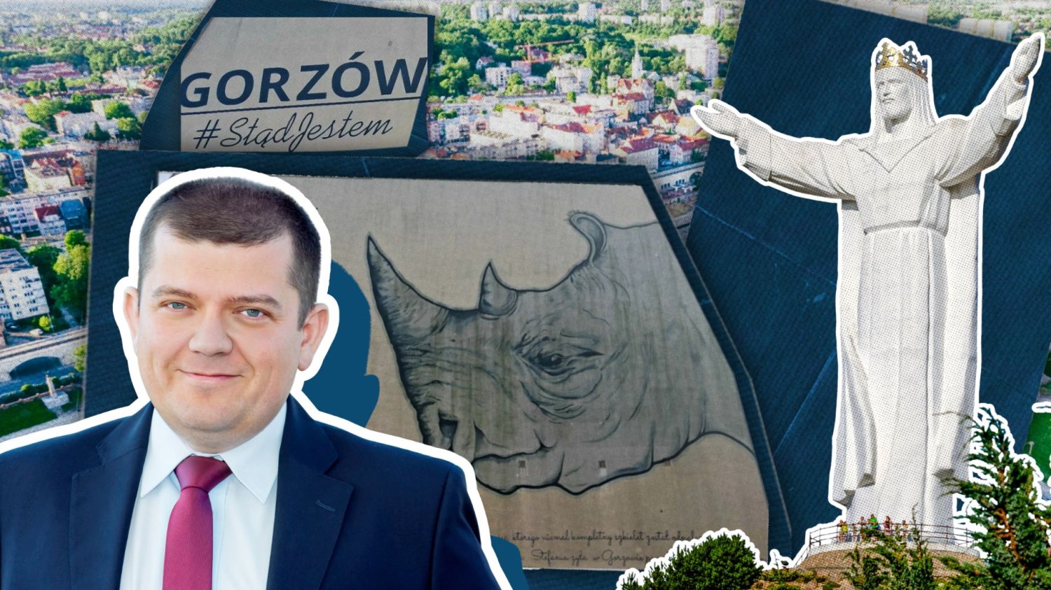 Kolaż złożony z twarzy prezydenta Wójcickiego, gorzowskiego muralu z nosorożcem i Jezusa ze Świebodzina. Na górze napis: Gorzów stąd jestem