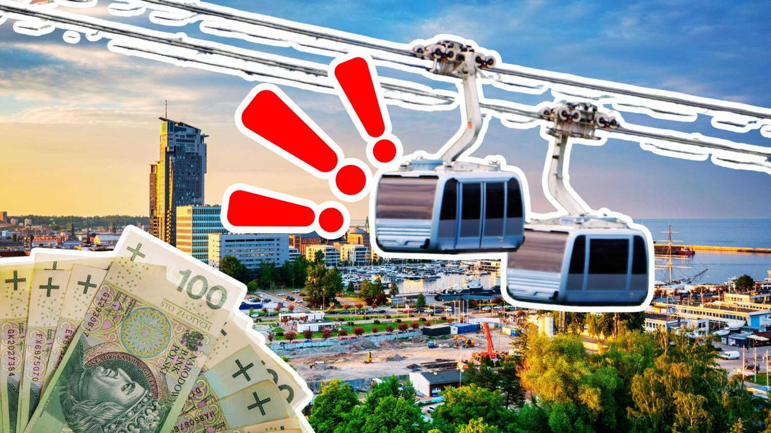 Kolej linowa za 600 milionów złotych w Gdyni. Ekologiczna alternatywa dla korków Kolejka linowa na tle panoramy Gdyni oraz polskie banknoty. Kolej linowa za 600 milionów złotych w Gdyni. Ekologiczna alternatywa dla korków