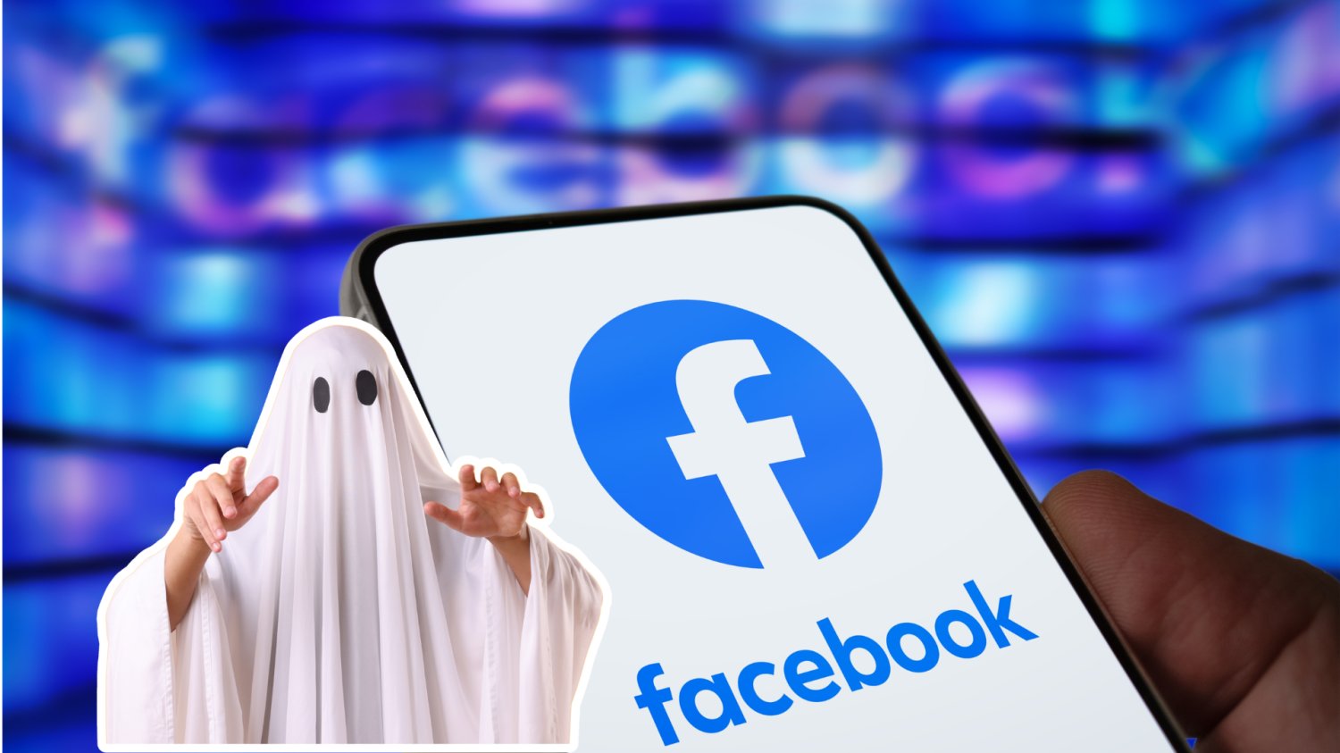 Logo Facebooka na smartfonie i człowiek przebrany za ducha.