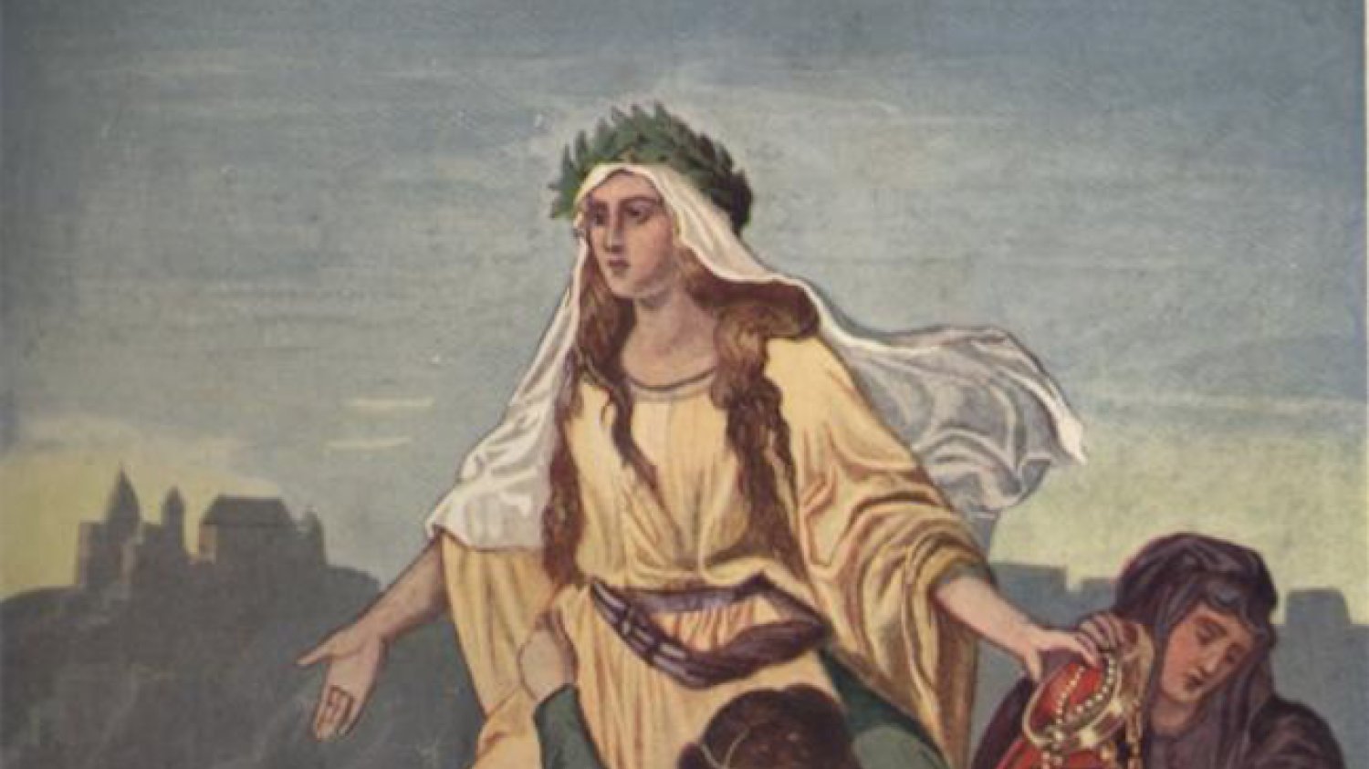 Obraz M. Piotrowskiego Śmierć Wandy. Ilustracja z książki Dzieje Polski z 1909 roku zatytułowana: Wanda, córka Krakusa, rzuca się w nurty Wisły.