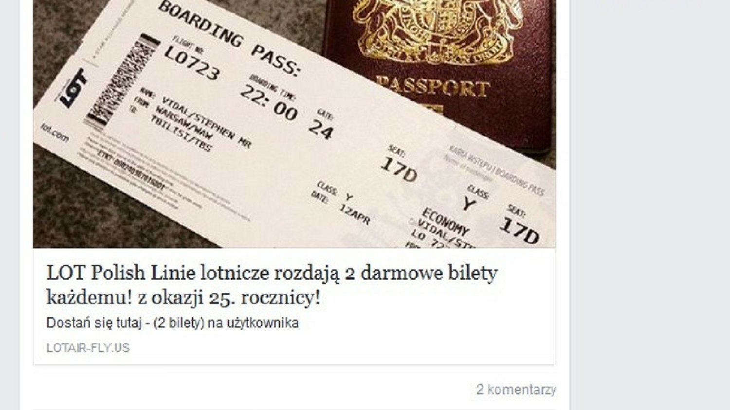 Tak wygląda scam, kuszący darmowymi biletami lotniczymi PLL LOT.