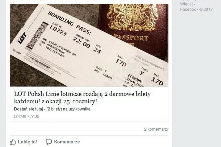 Tak wygląda scam, kuszący darmowymi biletami lotniczymi PLL LOT.