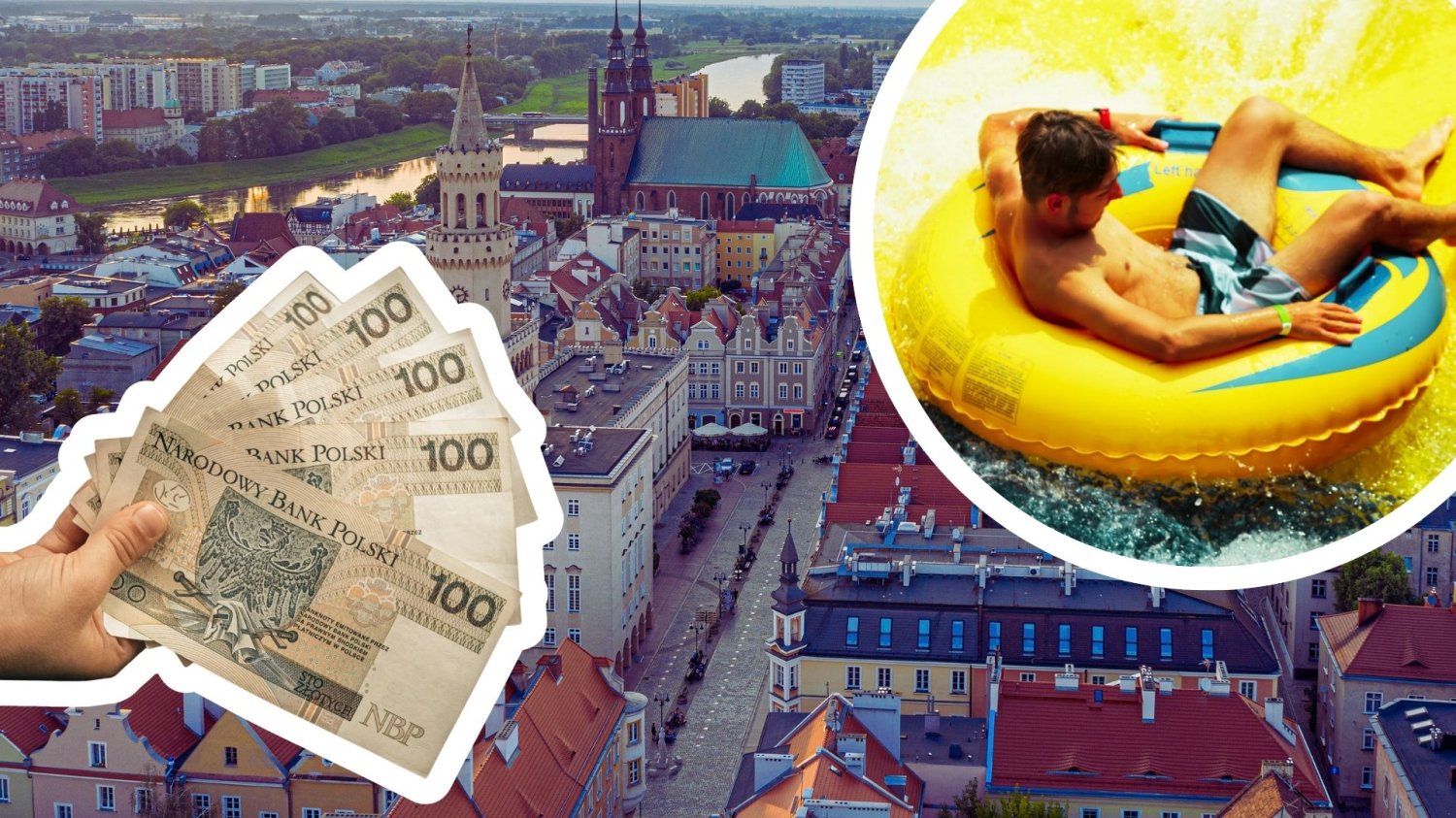 Panorama Opola, ręka z polskimi banknotami oraz mężczyzna na zjeżdżalni wodnej. W miejsce stadionu powstanie wodny raj. Inwestycja za 250 mln zł z 10 basenami