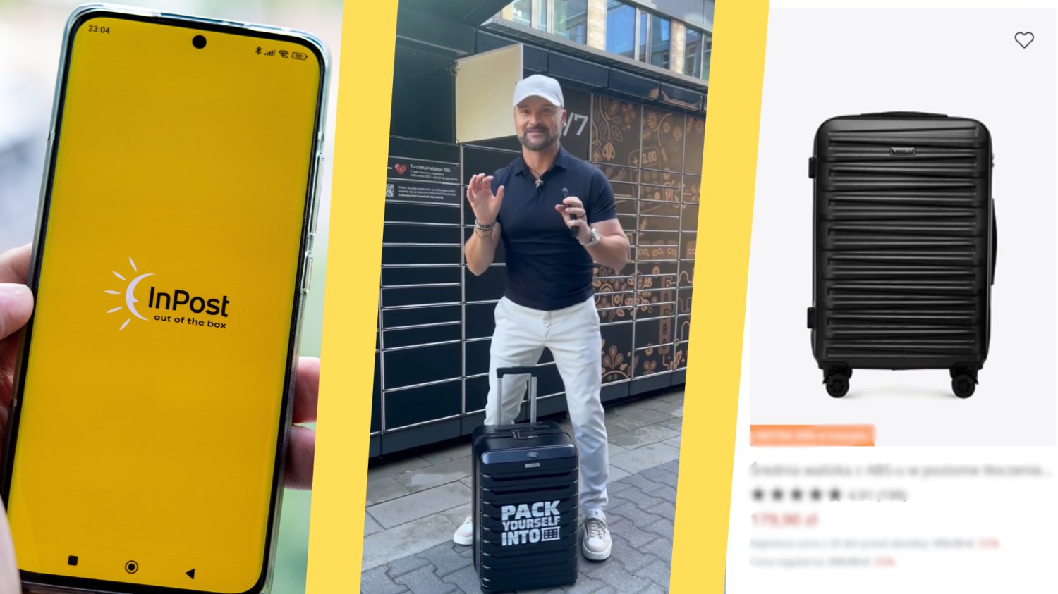 Rafał Brzoska z nową walizką InPost. Walizka innej firmy po jego lewej. Telefon z aplikacją InPost po jego prawej.