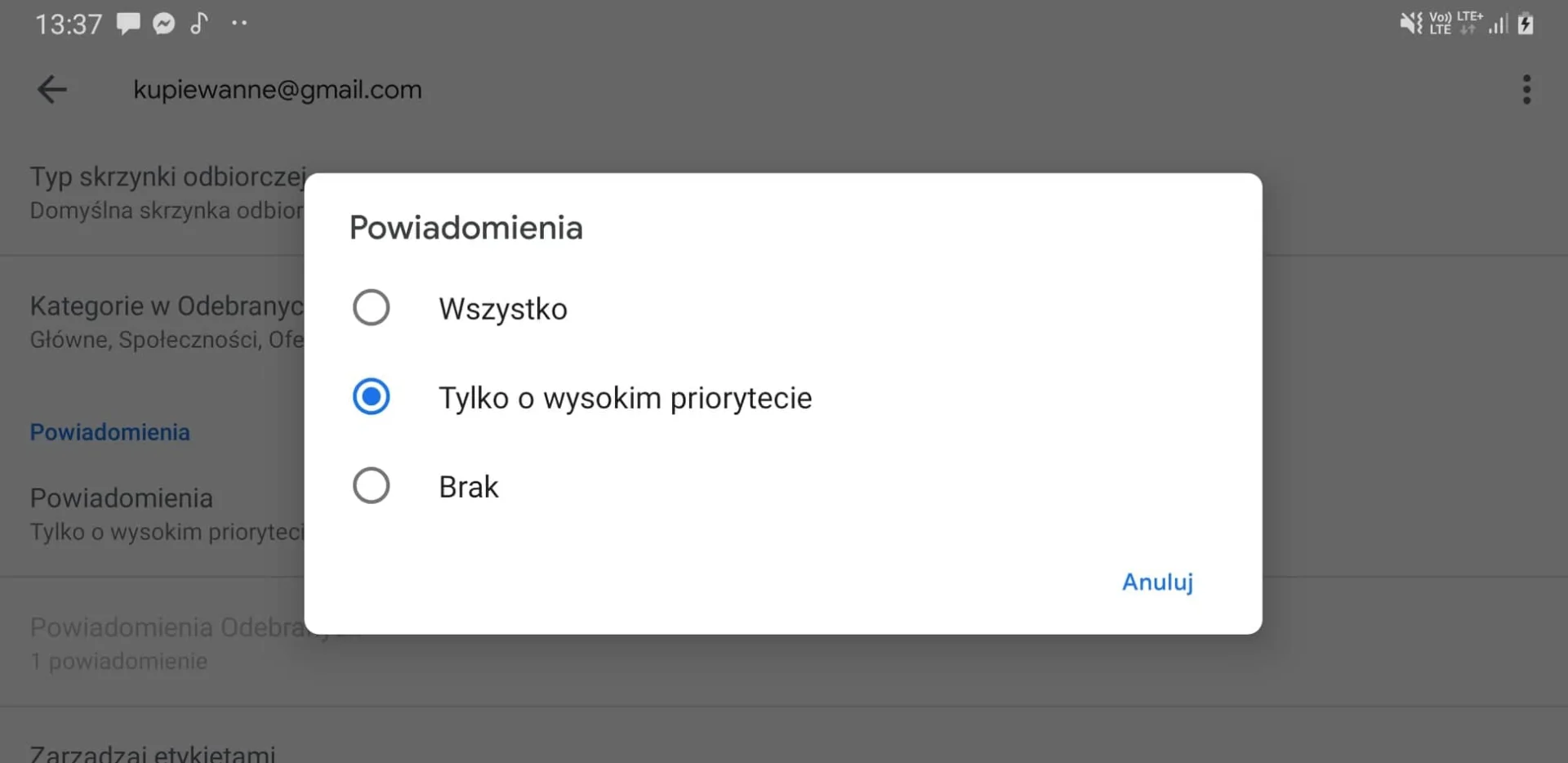 Aplikacja Gmail pozwala ograniczyć powiadomienia tylko dla najważniejszych wiadomości.