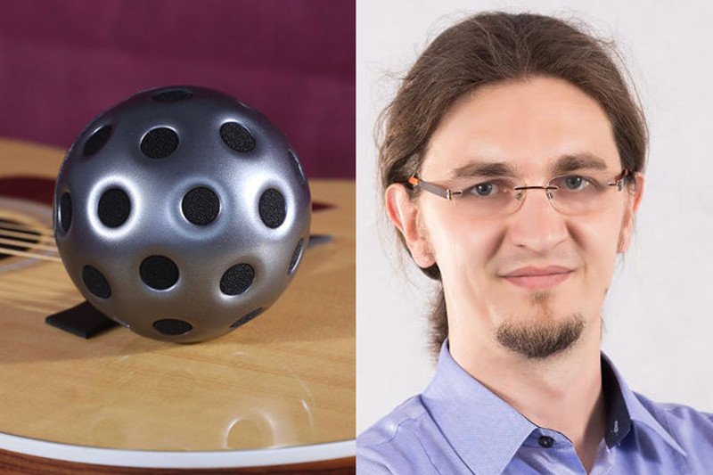 Od lewej mikrofon AudioImmersion oraz jego twórca i założyciel Zylli, Tomasz Żernicki.