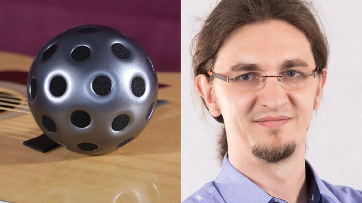 Od lewej mikrofon AudioImmersion oraz jego twórca i założyciel Zylli, Tomasz Żernicki.