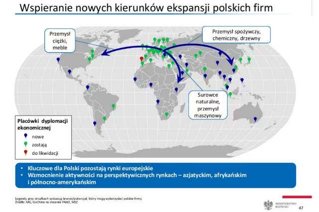 Plansza z prezentacji Plan na rzecz Odpowiedzialnego Rozwoju 16.02.2016. Widać na niej rozmieszczone w Afryce Wydziały Promocji Handlu i Inwestycji. Zielone już istnieją, granatowe - mają powstać: Wybrzeże Kości Słoniowej, Angola, Kenia i Gwinea