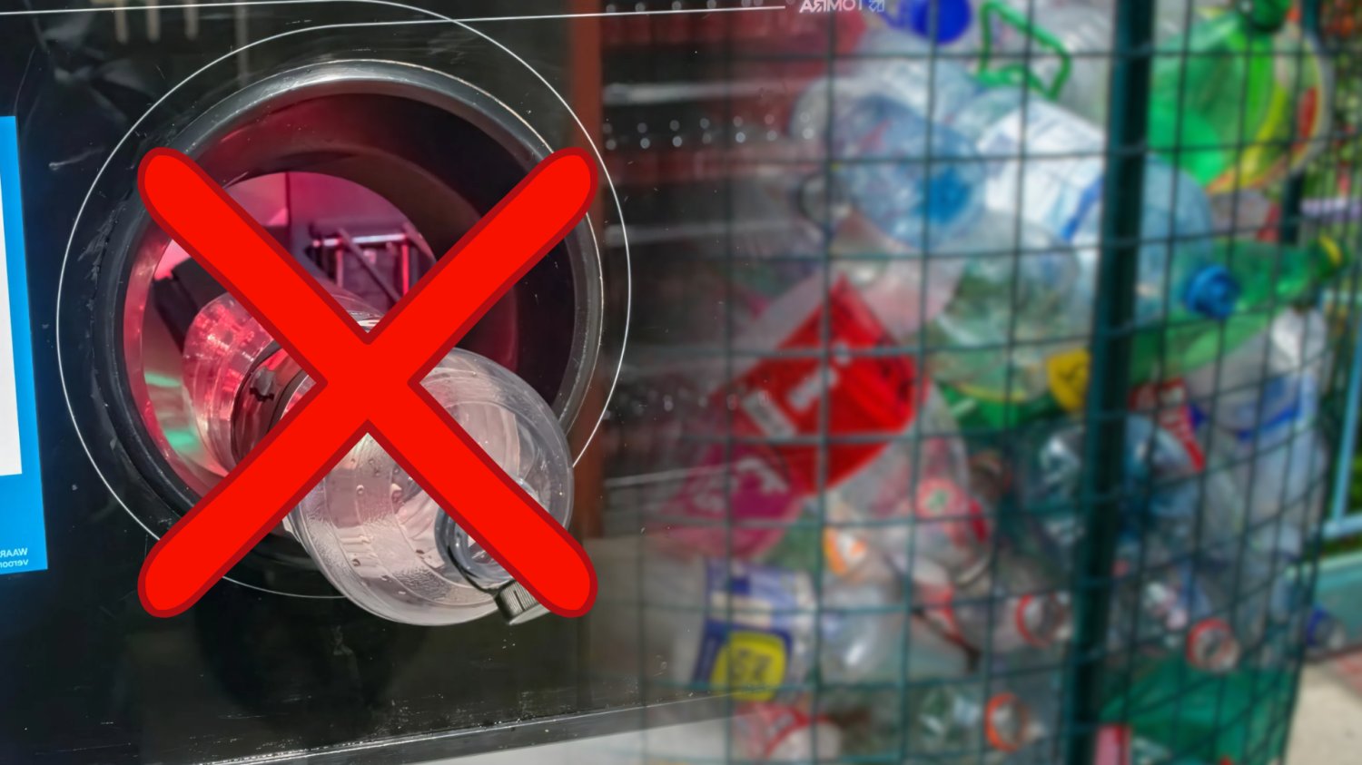 Majówka w Zakopanem i kaucyjny absurd. "Wyrzuciliśmy wszystko do kosza" Kosz na śmieci z butelkami plastikowymi. Automat kaucyjny na butelki, który nie działa. Przekreślony czerwonym X.