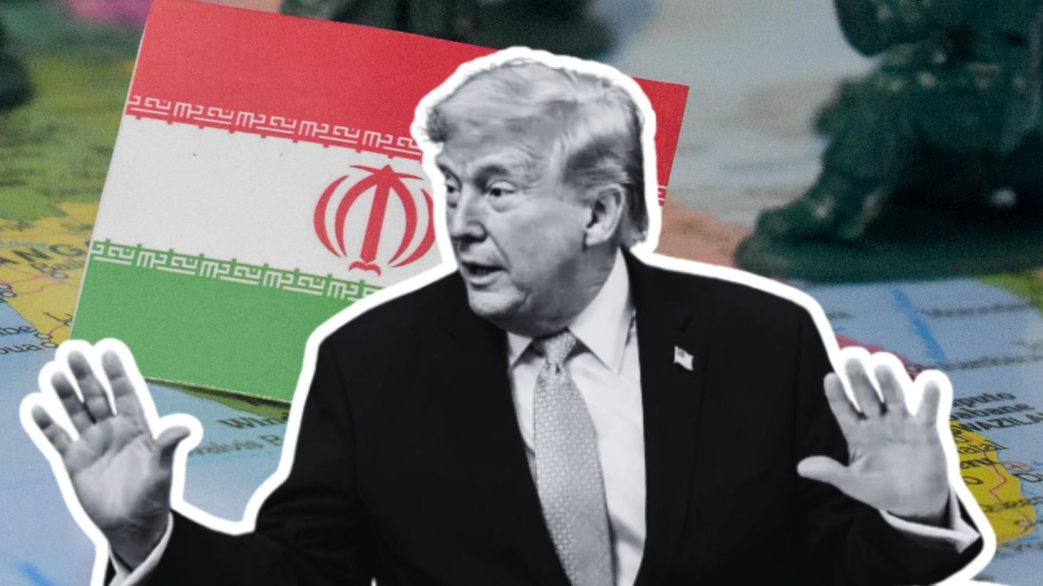 Armaty cichną, złoty odżywa. Trump chwali wroga, by ratować gospodarkę Donald Trump na tle zdjęcia mapy i flagi Iranu
