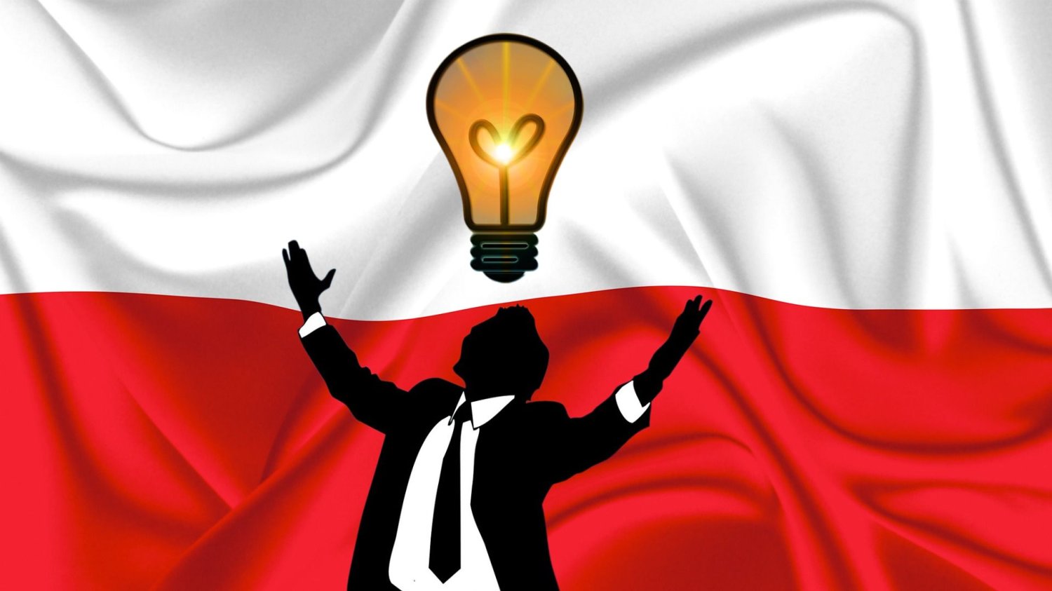 symbol mężczyzny pod żarówką na tle polskiej flagi