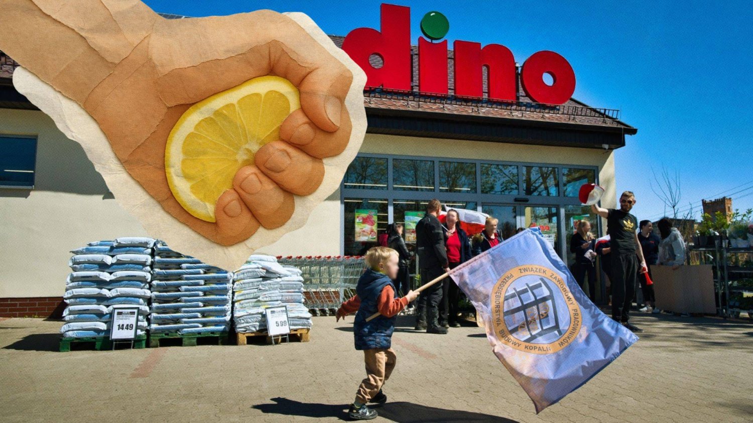Trwa 3-dniowy protest pod siedzibą Dino. "Wyciskają jak cytrynę" Strajk przed sklepem Dino i wyciskanie cytryny.