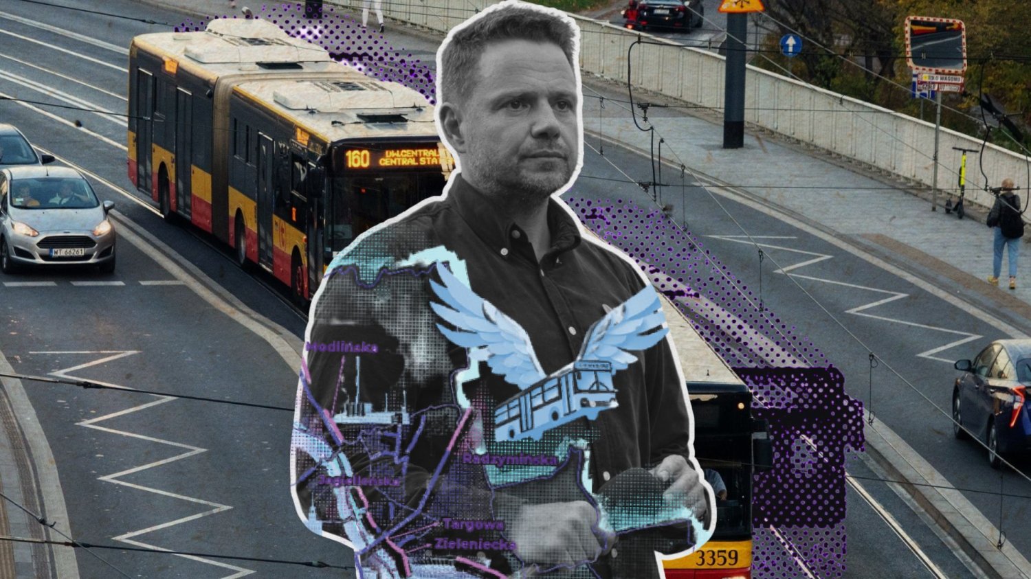 Rafał Trzaskowski na tle autobusów i z plakatem "Uwolnić autobusy".