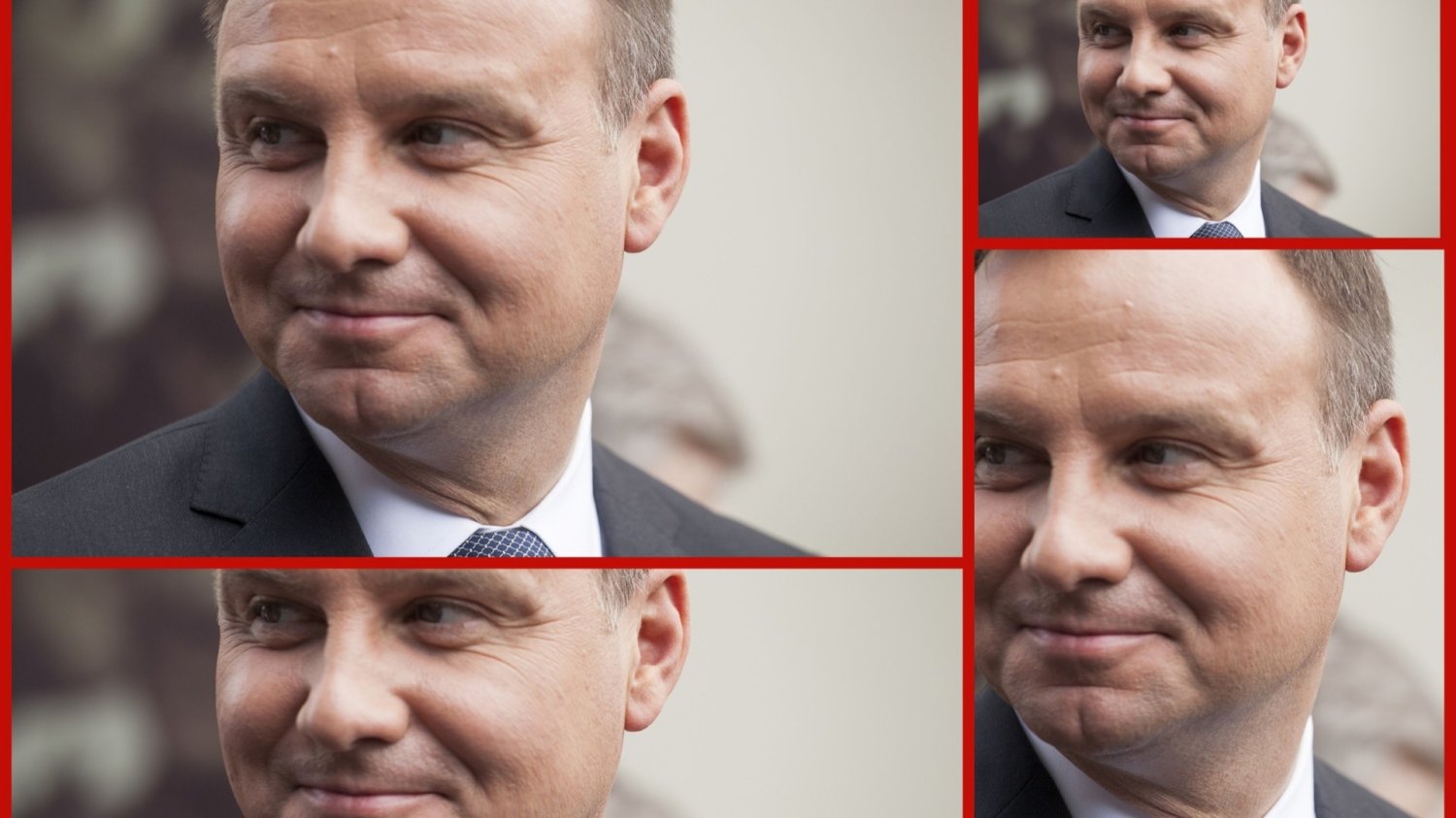 Andrzej Duda ma (kolejną) nową pracę. Uśmiechnięta twarz Andrzeja Dudy pokazana kilka razy w różnych rozmiarach.