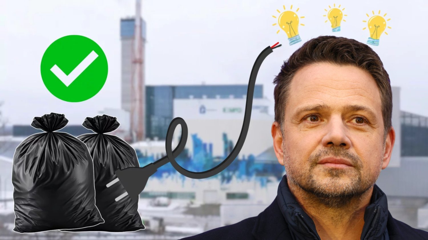 Rafał Trzaskowski. W tle nowa elektrociepłownia. Worki smieci podlaczone do zarowek nad głową prezydenta Warszawy.