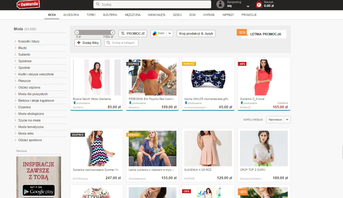 Przykłady ofert w zakładce Moda na stronie DaWanda.pl