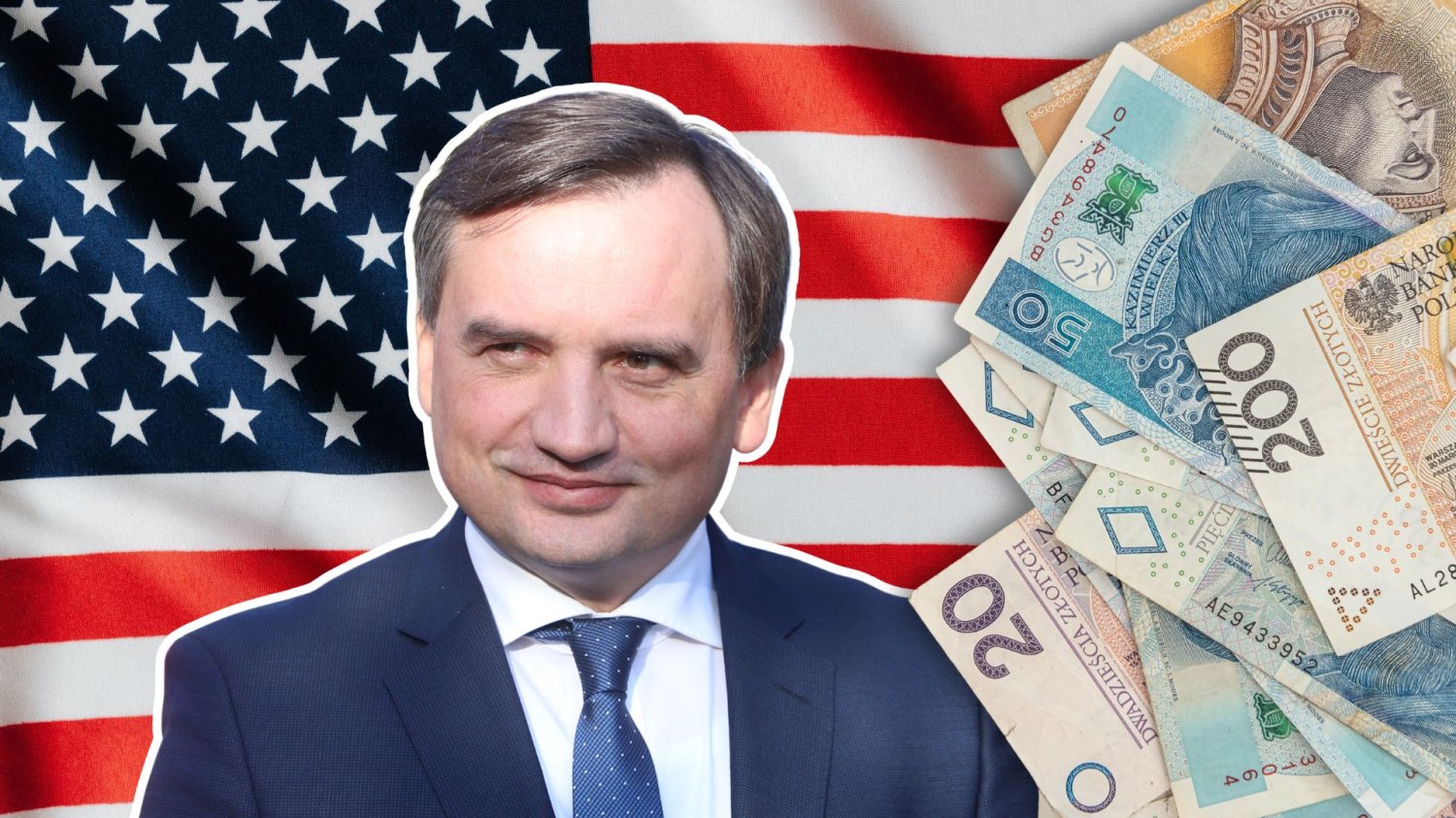 Zbigniew Ziobro na tle flagi USA, pieniądze.