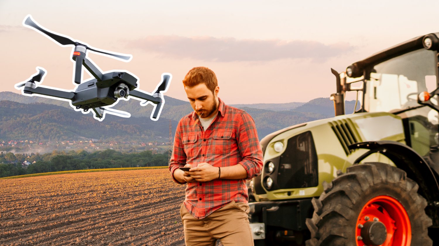 Polski startup wygrywa w USA. Rolnictwo przyszłości nabiera rozpędu Rolnik steruje dronem. w tle Pole uprawne i traktor.