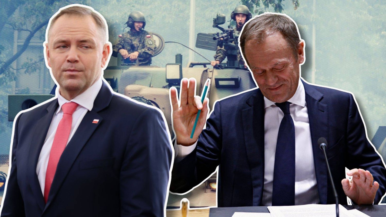 Prezydent Karol Nawrocki, premier Donald Tusk i czołg z wojskiem w tle.