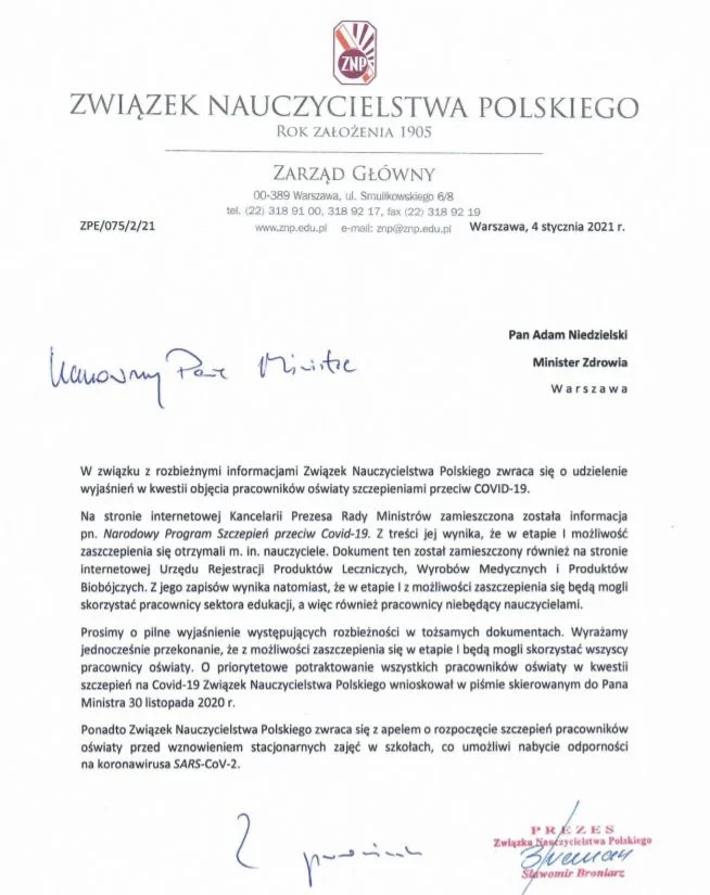 List do Ministra Zdrowia Adama Niedzielskiego z pytaniami o szczegóły akcji objęcia pracowników oświaty szczepieniami przeciw COVID-19.