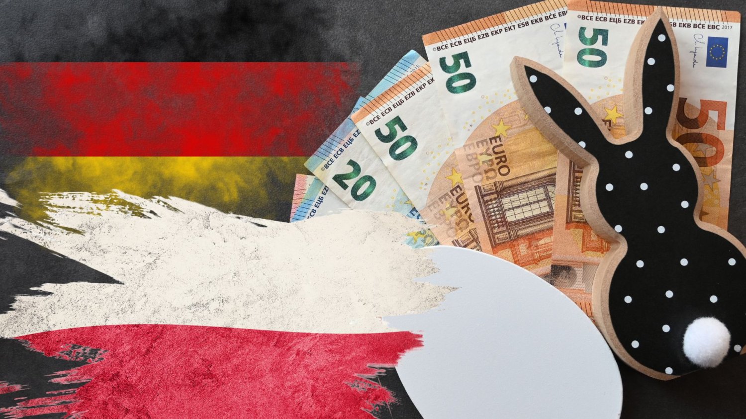 Świąteczne zakupy w Polsce i Niemczech. Gdzie jest drożej? Polska i Niemiecka flaga, euro i symbole Wielkanocy.