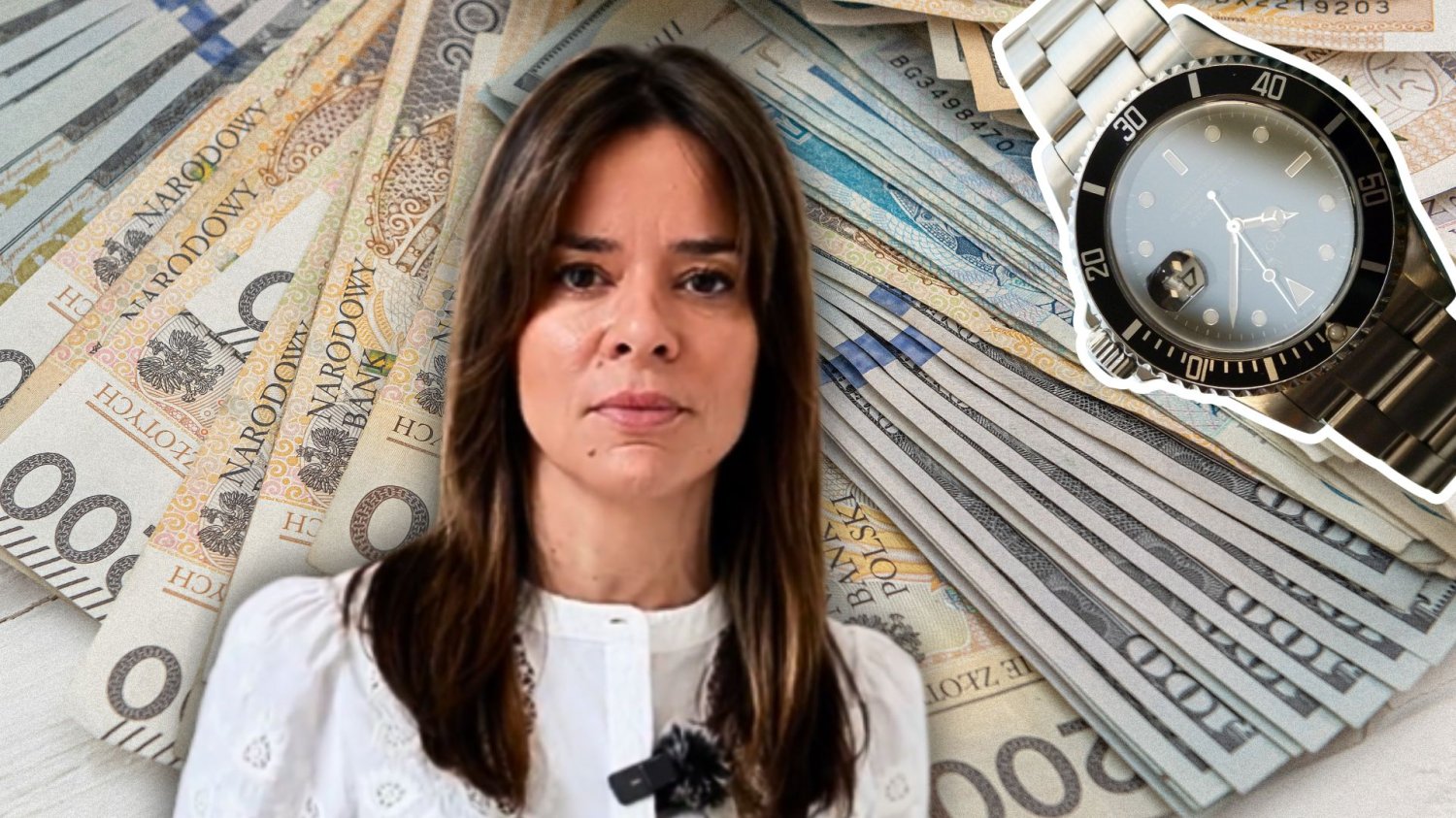 Aleksandra Leo na tle pieniędzy, zegarek.