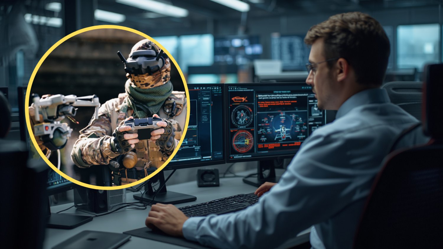 Mezczyzna siedzący przy monitorach i obsługujący system antydronowy. Żołnierz sterujący dronem z bombą.
