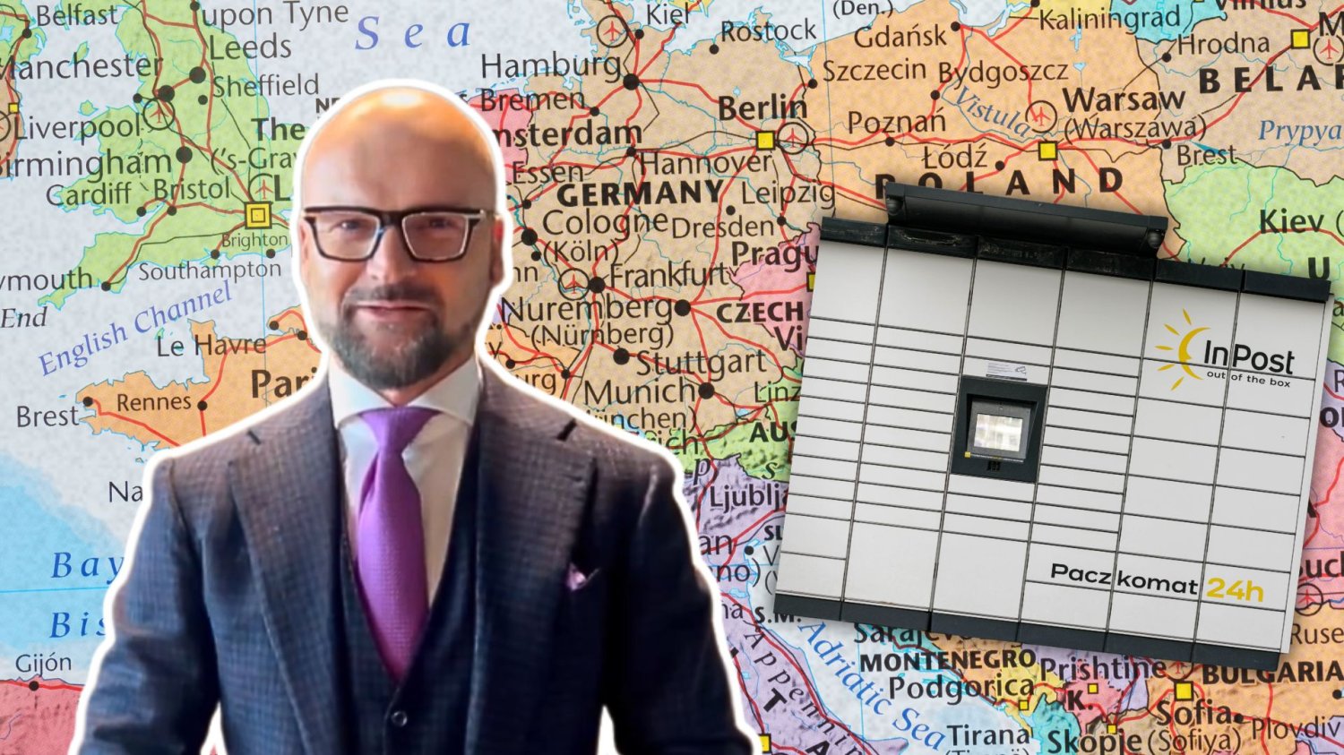 Rafał Brzoska, paczkomat InPost na tle mapy Europy.