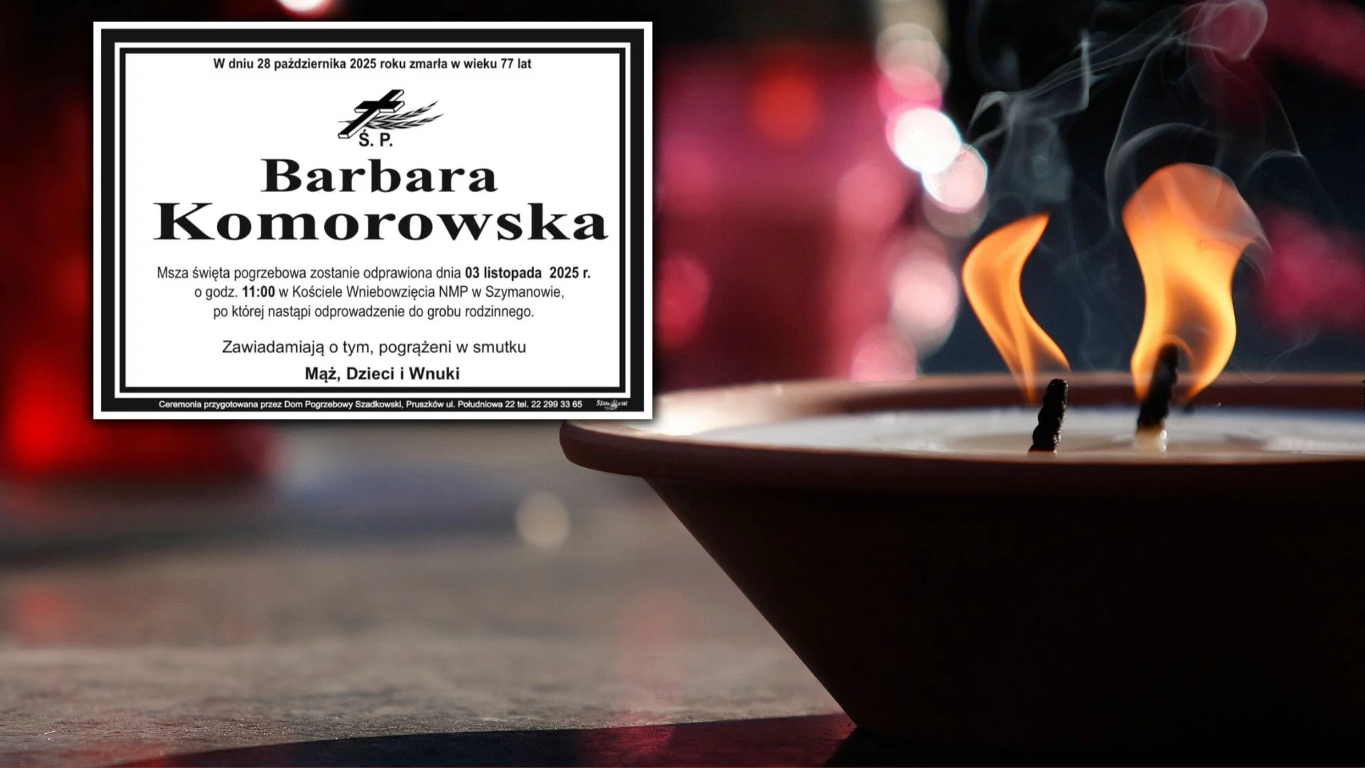 Znicz i ogłoszenie o śmierci Barbary Komorowskiej (77 l.).