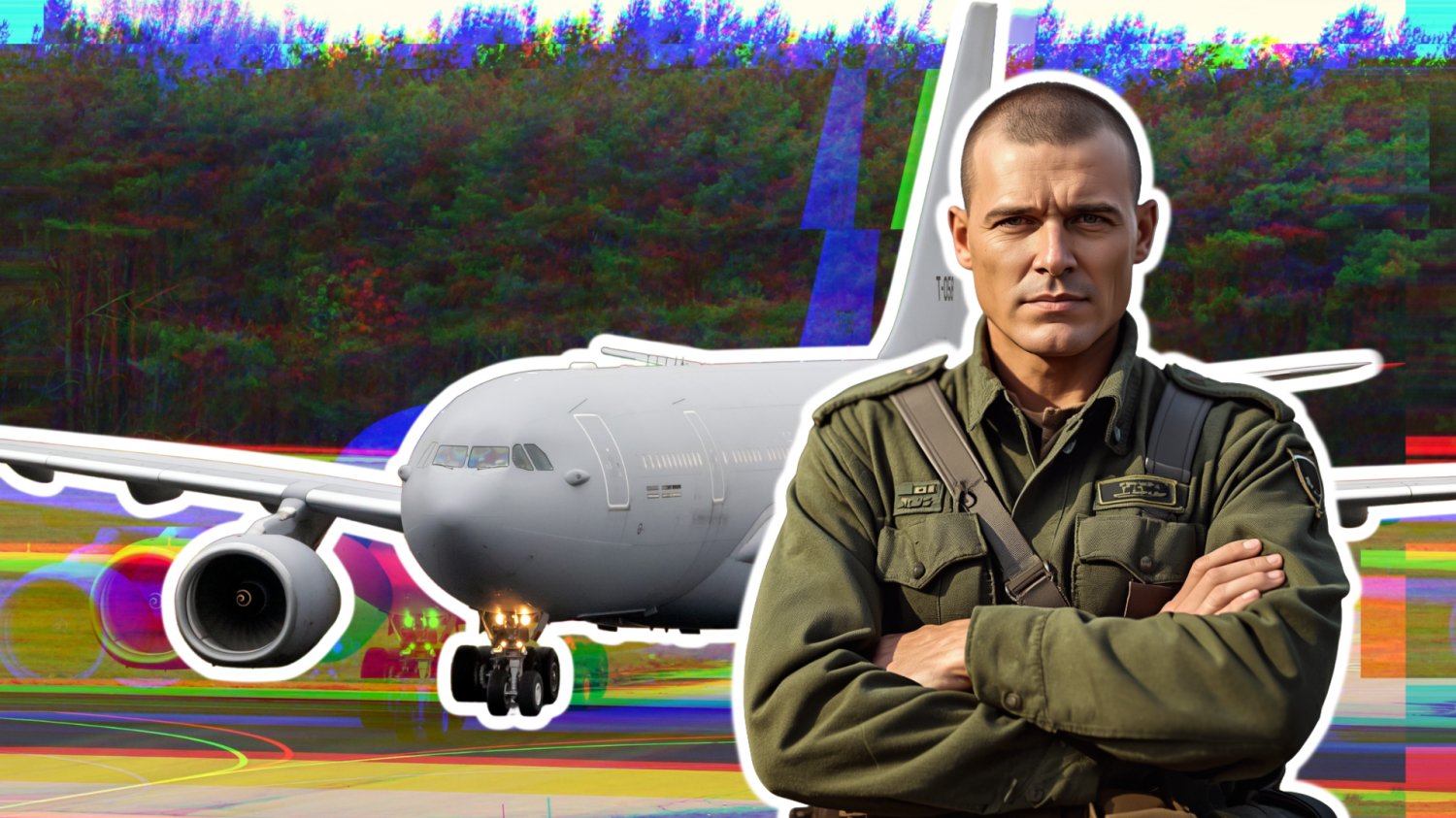 Powietrzne tankowce trafią do Polski. Wojsko sięga po latające zaplecze W tle samolot Airbus wspomniany w tekście. Z przodu żołnierz wygenerowany przez AI.