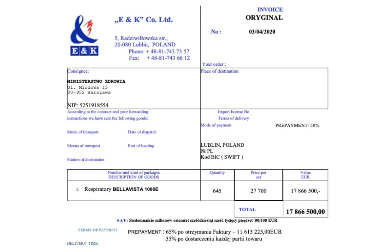 Fragment faktury za zakup respiratorów przez Ministerstwo Zdrowia.