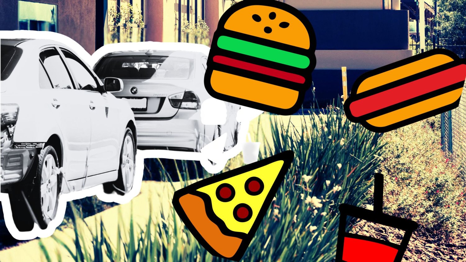 Autostrada do fast foodu. Jak państwo zabiło przydrożnego schabowego samochody czekające w kolejce do baru fast food i symbole jedzenia fast food