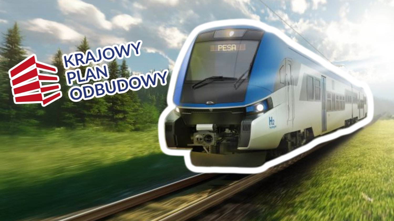PESA zbuduje pociąg wodorowy z KPO. Przyszłość kolei nabiera tlenu Wizualizacja pociągu wodorowego PESA. Logo KPO.