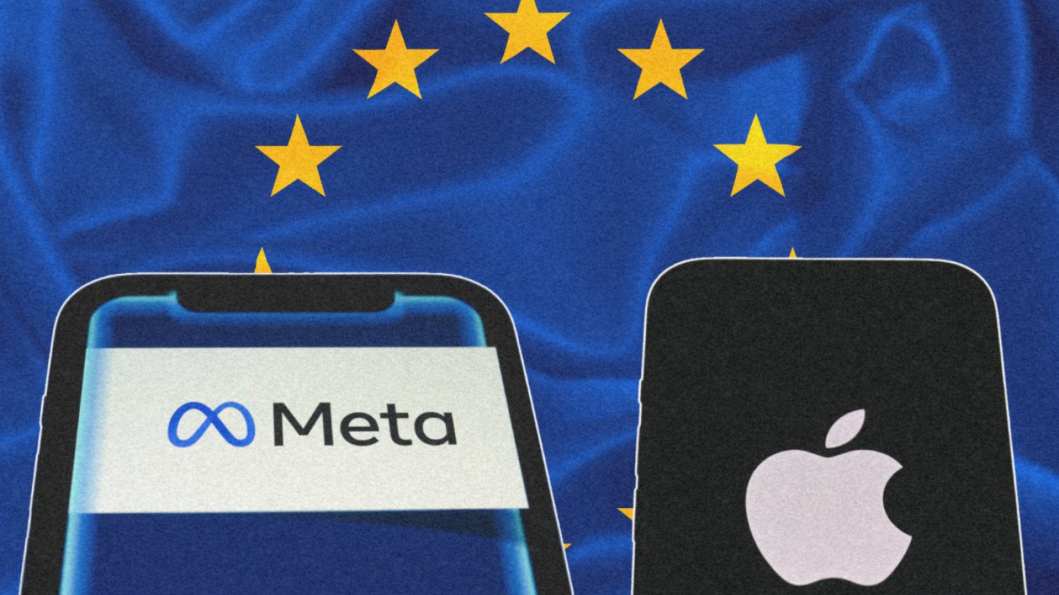 Logo Meta i Apple na tle flagi UE.