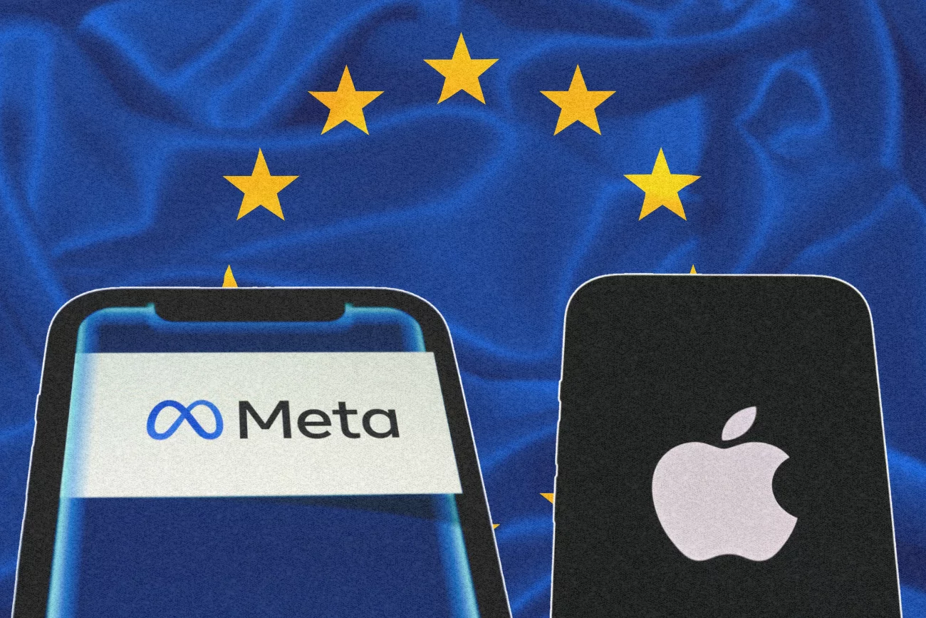Logo Meta i Apple na tle flagi UE.