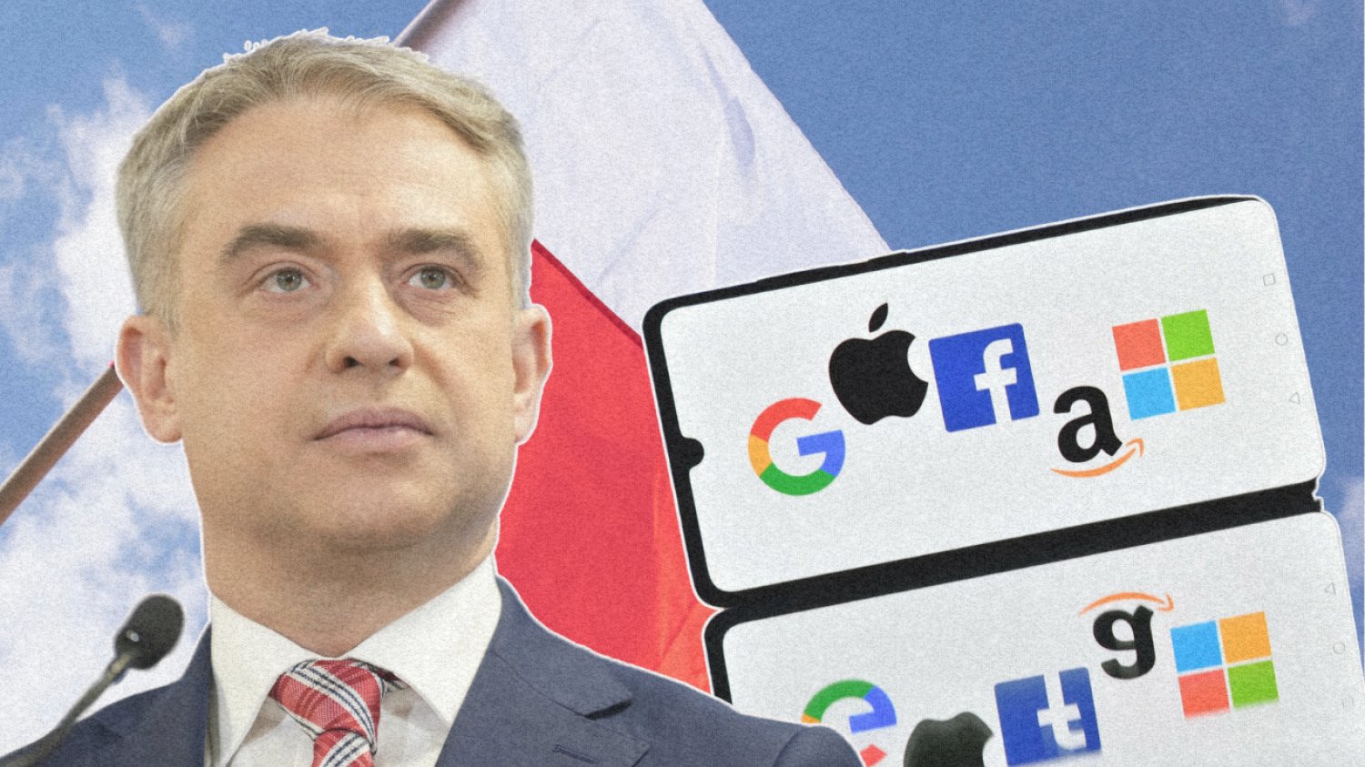 Krzysztof Gawkowski na tle polskiej flagi i logo Big Techów.