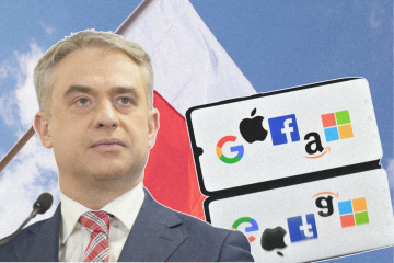 Krzysztof Gawkowski na tle polskiej flagi i logo Big Techów.