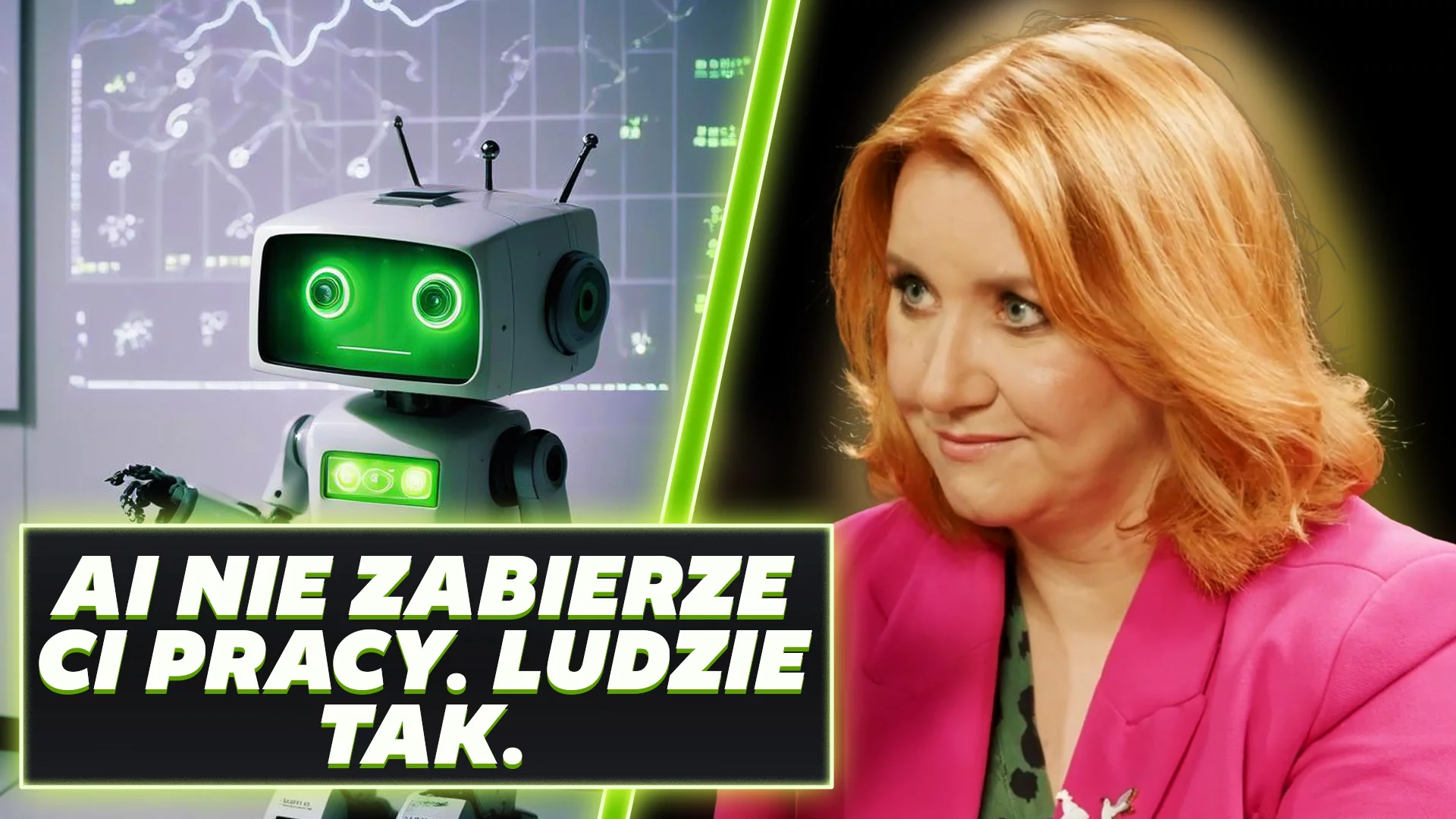 AI zmienia pracę, ale nie tak, jak myślisz. Czubkowska: Kluczowy człowiek Sylwia Czubkowska przy mikrofonie w studio. Na grafice obok robot.