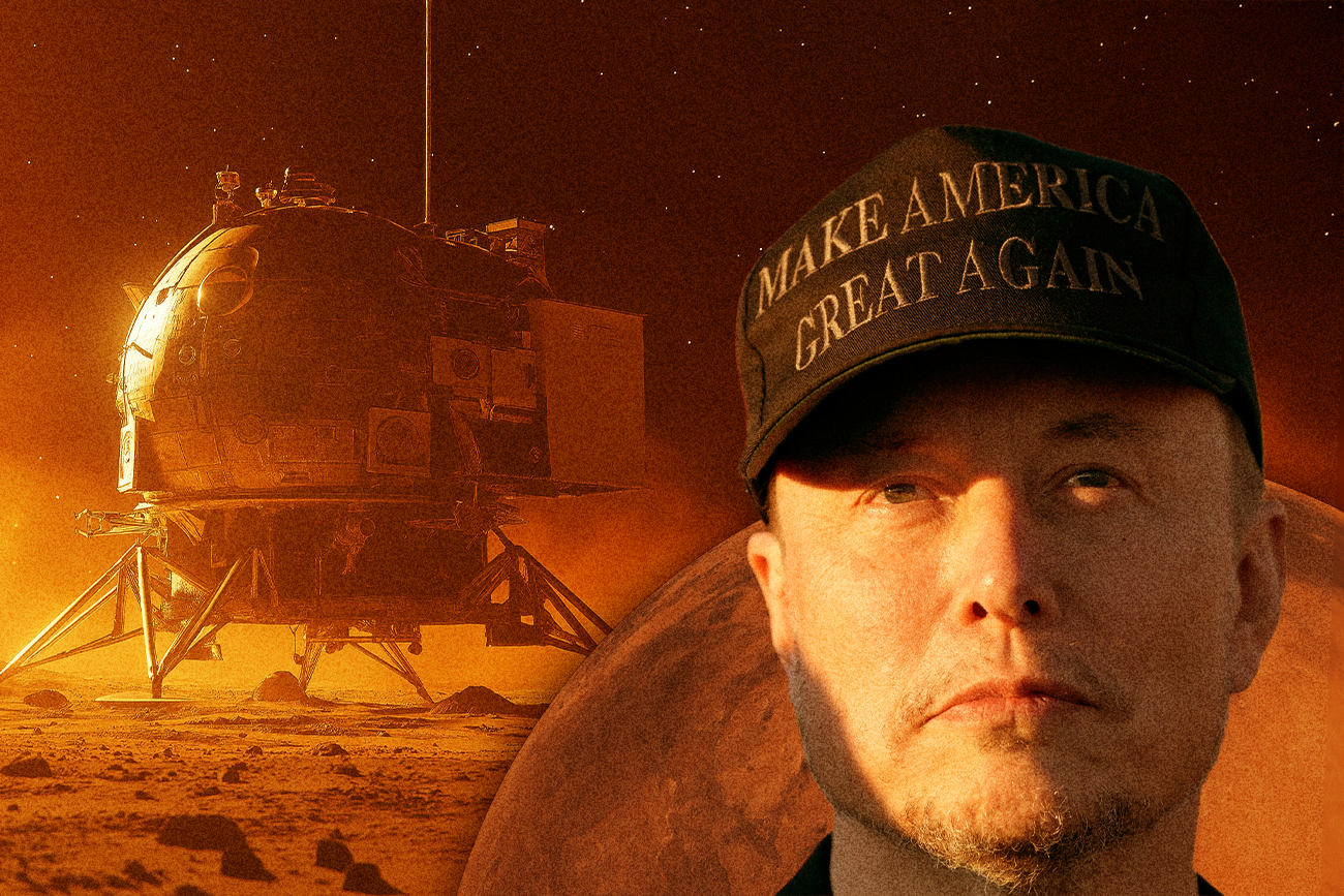 Elon Musk na tle Marsa i wizualizacji lądownika.
