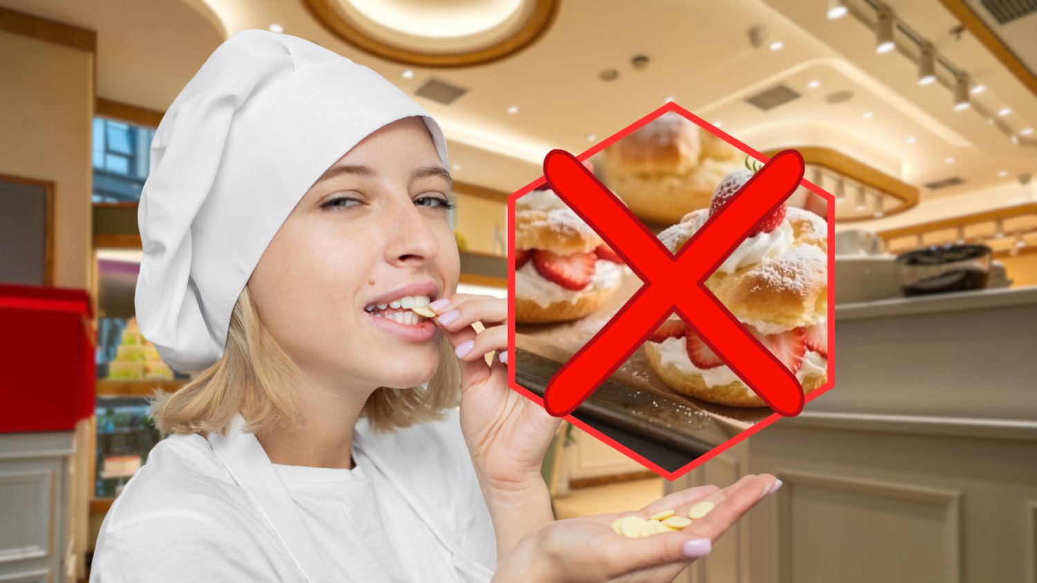 Ciasta z błędami w oznakowaniu według IJHARS. Lukier przykrywa niewygodną prawdę Kobieta jedząca słodkie rzeczy, nad jej dłonią przekreślone ciasta smietankowe. W tle cukiernia.