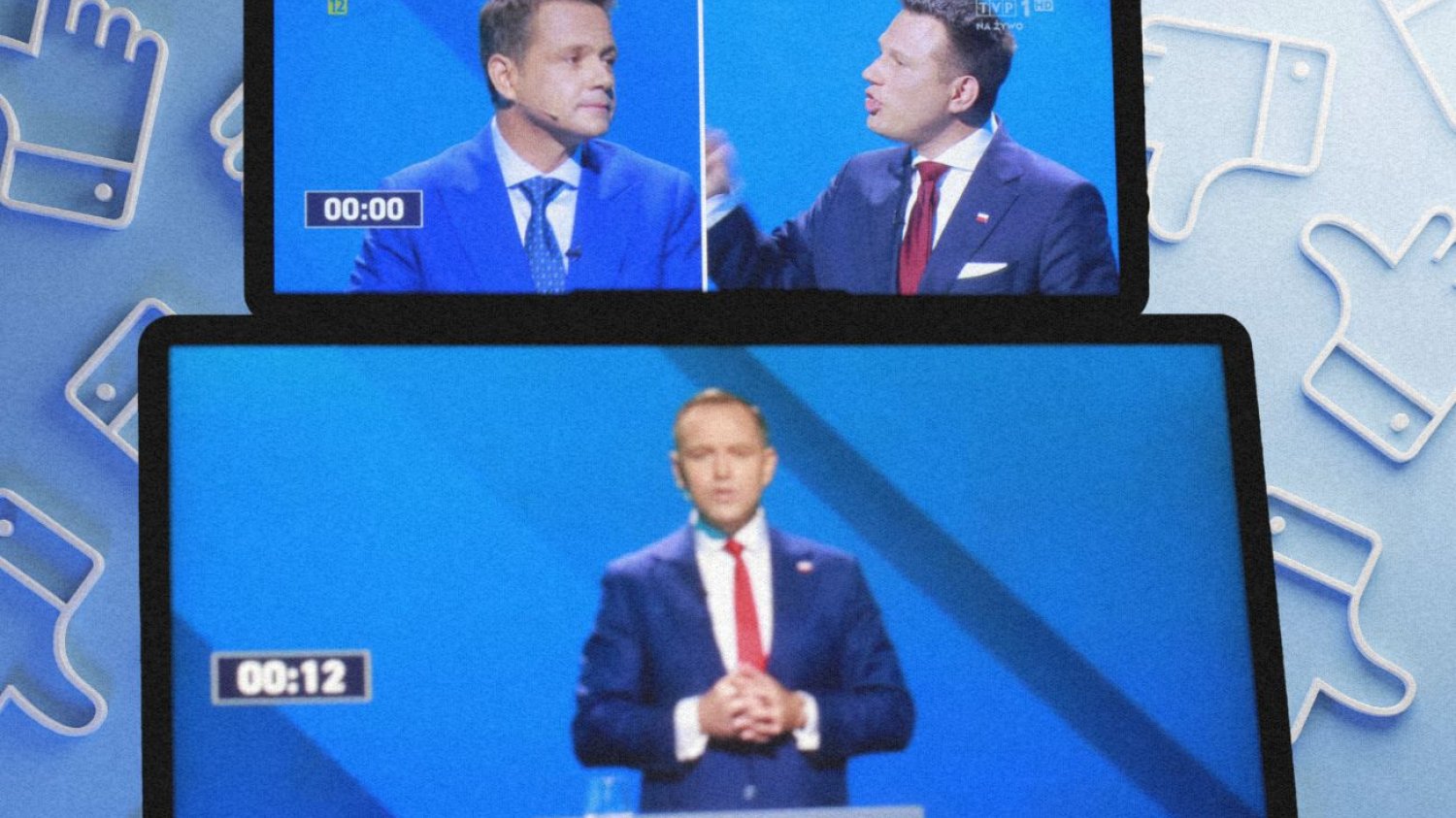 Rafał Trzaskowski, Karol Nawrocki i Sławomir Mentzen na tle lajków.