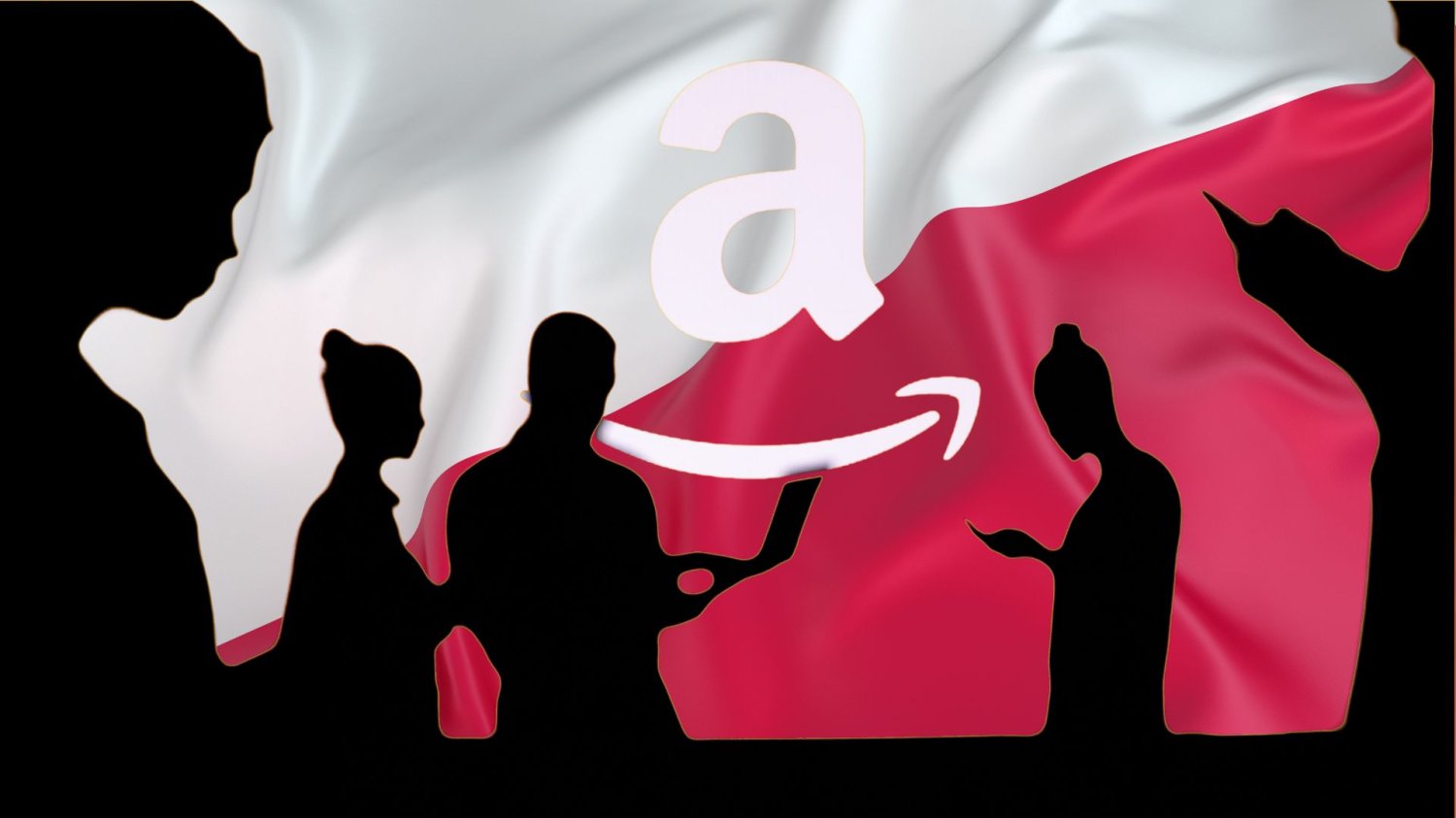 Sylwetki ludzi robiących zakupy online na tle logo Amazona i flagi Polski.
