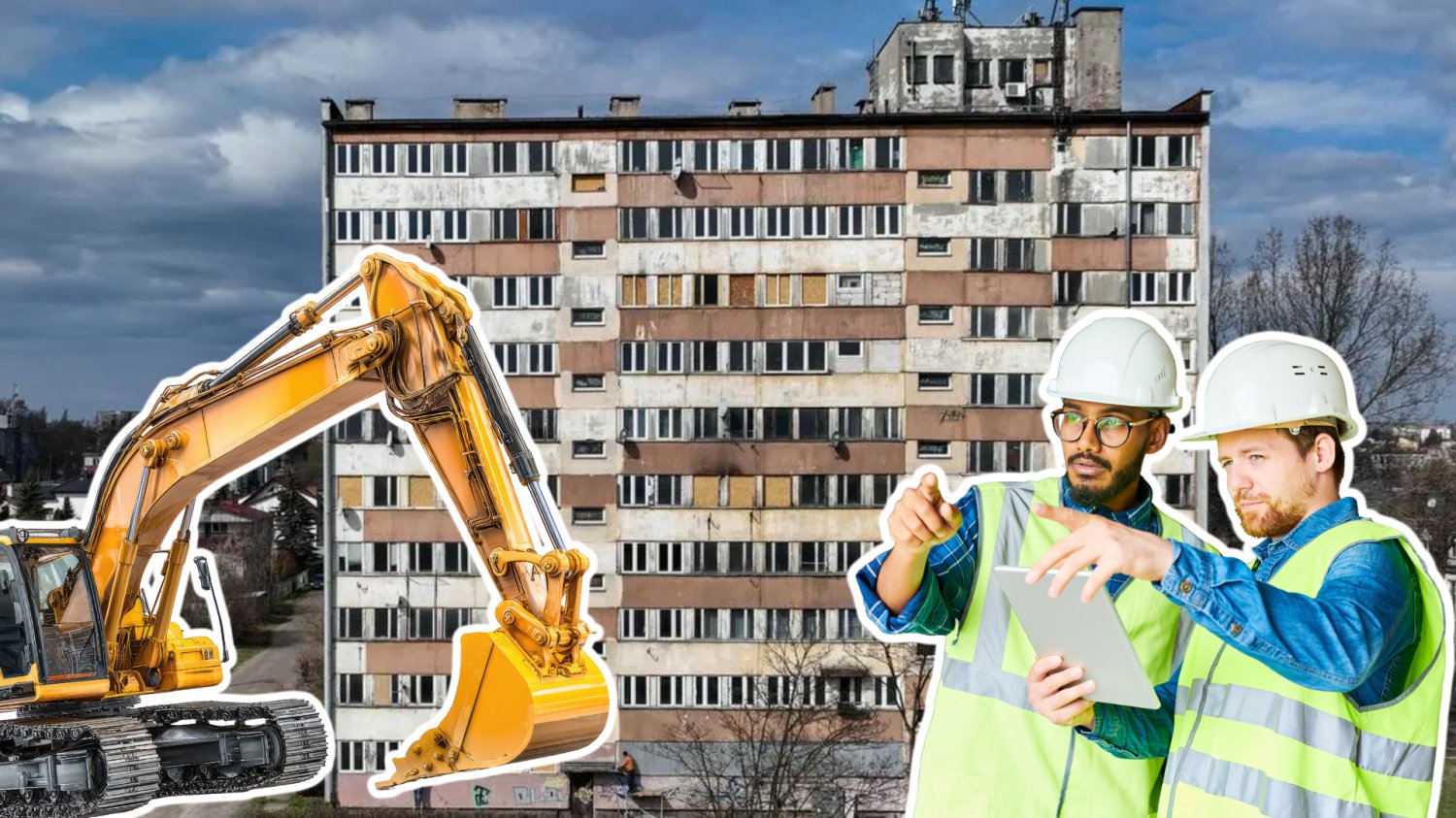 Kielce wyburzą 10-piętrowy blok. Symbol czasów PRL odchodzi w zapomnienie Blok do wyburzenia w Kielcach. Koparka i instruktorzy, którzy patrzą na budeynek.