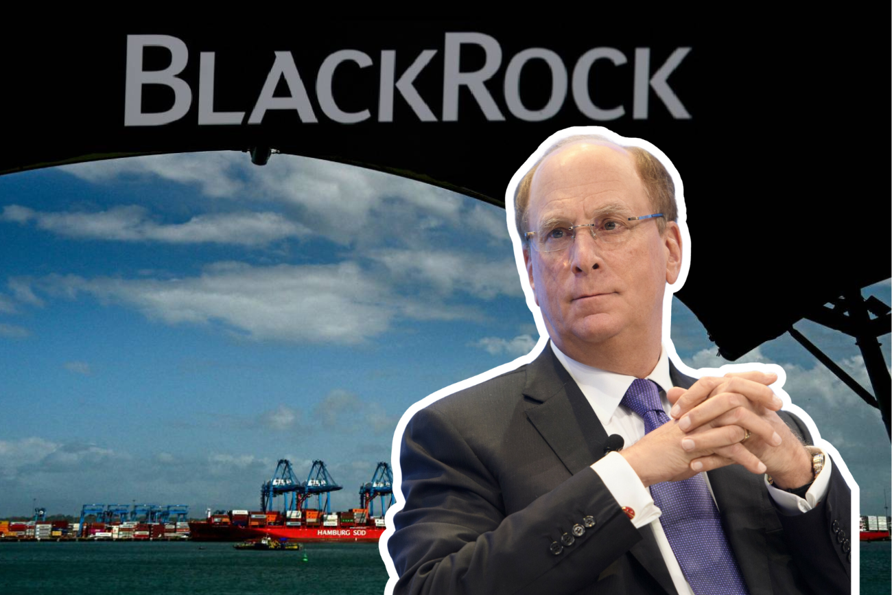Larry Fink na tle terminala portowego i logo BlackRock.
