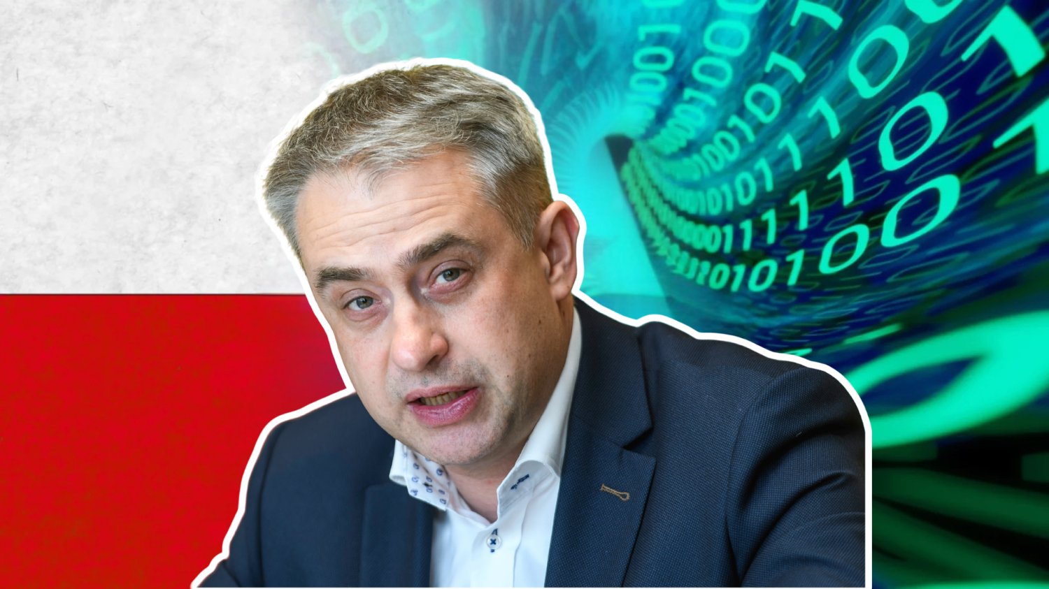 Polska chce mieć gigafabrykę AI. Bez niej nie będzie suwerenności regionu Gawkowski - minister cyfryzacji. W tle swiat cyfrowy i flaga polski.