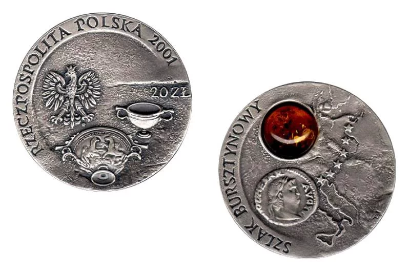 20-złotowa moneta z bursztynem. Według doniesień - jej cena została napompowana.