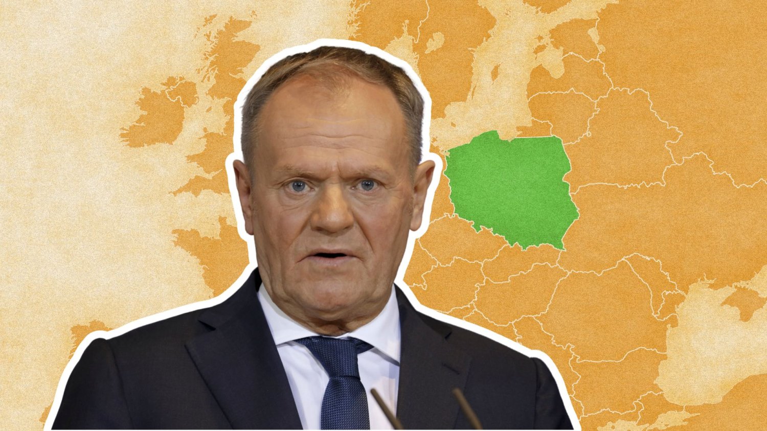 Donald Tuk na tle mapy Europy z wyróżnioną Polską.
