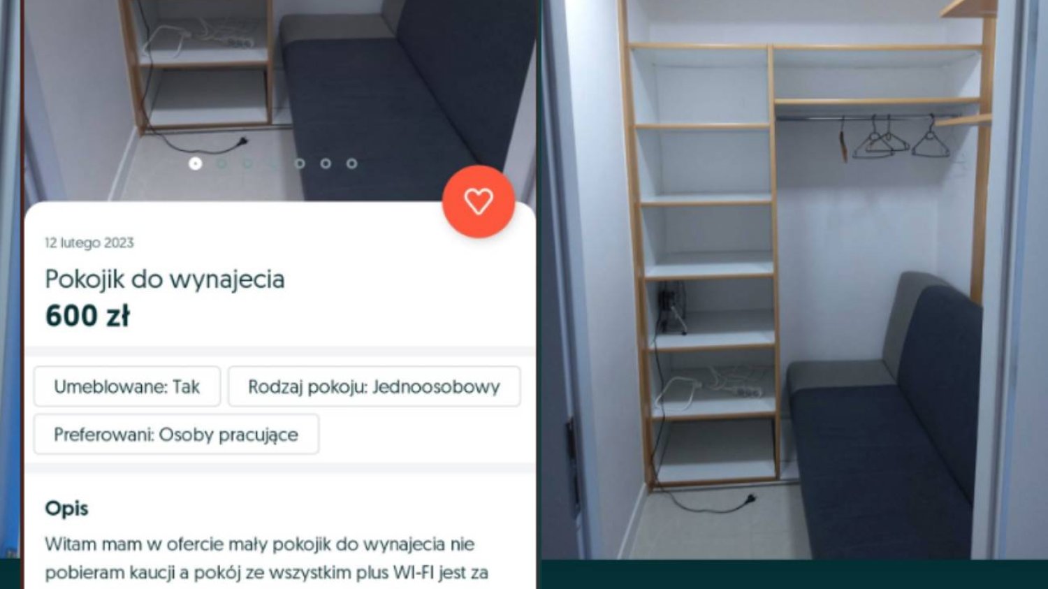 "Pokojik" do wynajęcia w Katowicach. 600 zł za "miejsce w szafie"
